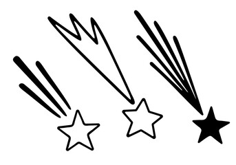 Abstract shooting stars with different tails. Falling stars vector set. Doodle isolated on a white background. Hand drawn illustration for cards, posters, stickers, textile and professional design. 