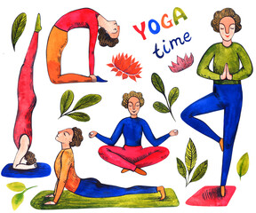 Yoga Time- set of illustrations with yoga asanas (poses), lotus flowers and green leaves for decoration. Isolated elements on white background. Watercolor illustration.