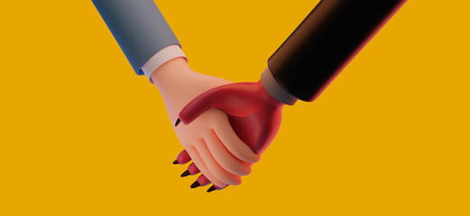 3D rendering illustration of hands shaking between a businessman and devil in suit isolated on yellow color background