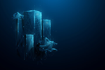 Futuristic city. Smart city. Environment and Ecology concept. Low poly, geometric, wire, Particles, lines, and triangles outline. Vector illustration