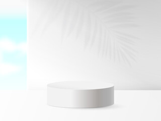 White product display mock up  with the white wall and blue sky background. 3d podium. Vector illustration