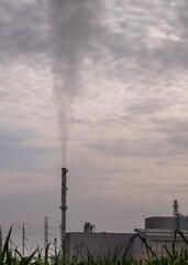 Smoke from the boiler stack and the vapor from a cooling tower in the power plant