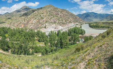 Fototapeta premium View of mountain valley with river, sunny day