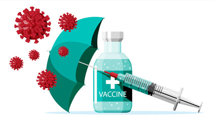 Vaccination against coronavirus. Time to vaccinate, concept. Medical syringe injection vaccination. Umbrella protect against corona virus, cell models, Health care. Flat vector illustration