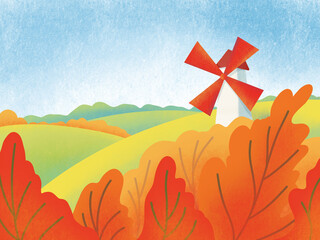 Autumn rural landscape. Fields, red trees and grinder illustration.
