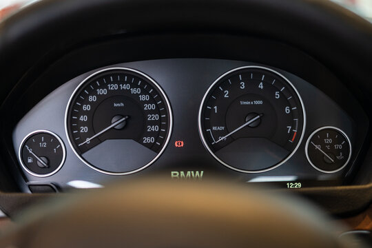Istanbul, Turkiye - September 2020: BMW Car instrument panel. Dashboard with speedometer, tachometer, odometer