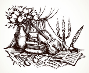 Still life with a violin. Vector drawing