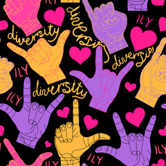 A bright neon pattern from the American sign language I love you, ILY on a black background.