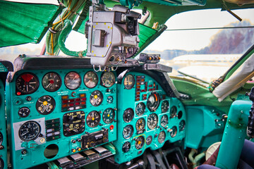 Close-up view of the dashboard in an old plane.