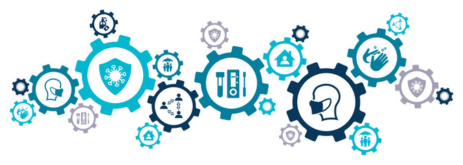 Covid infection prevention measures – vector illustration. Concept with connected icons related to everyday corona protection & information: mask wearing, quarantine, test, social distancing.