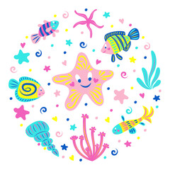 Underwater world: starfish, fish, shell and algae. Cartoon characters. Children's illustration for your design.