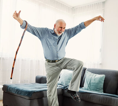 Senior Dance Dancing Vitality Active Healthy Man Walking Cane Stick Fun Retirement Elderly Happy Cheerful Alone Active Grey Hair