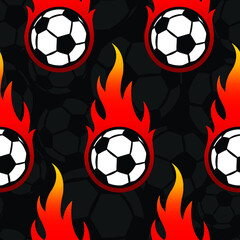 Fototapeta premium Seamless pattern with football soccer ball icons and flames. Vector illustration. Ideal for wallpaper, wrapping, packaging, fabric design and any kind of decoration.