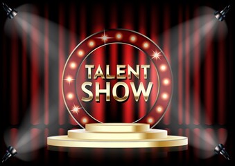 Talent show poster template. Empty theatrical stage with Talent show signage with lights on red curtain.