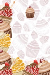 A template for a pastry menu, flyers, advertisements with illustrations of cupcakes with a background pattern of red, brown and orange colors