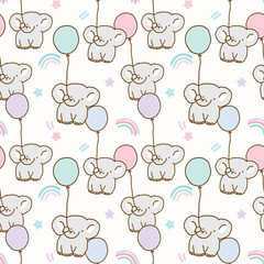 Seamless Pattern of Cartoon Elephant with Balloon Design on White Background