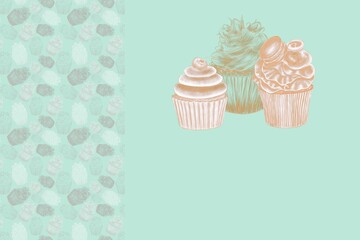 Business card template for a pastry chef with linear illustrations of cupcakes on a turquoise background
