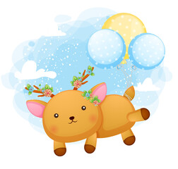 Cute doodle baby deer flying with balloon Premium Vector