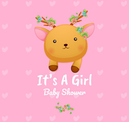 Obraz na płótnie Canvas Cute doodle baby deer it's a girl baby shower card Premium Vector