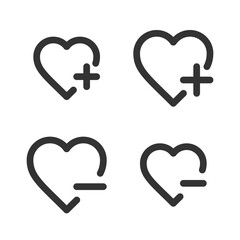 Pixel-perfect linear heart  icons with plus and minus signs  built on two base grids of 32x32 and 24x24 pixels. The initial base line weight is 2 pixels. In  one-color variant. Editable strokes