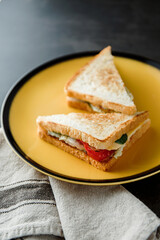 
Sandwich with chicken, tuna, pork or vegetables. A quick tasty snack. Toasted crispy toast