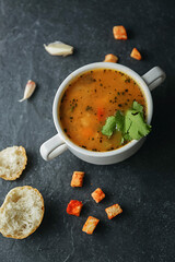 Delicious lunch, tomato soup with meat and vegetables. Vegetarian Lentil Tomato Soup