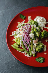 Delicious healthy diet vegetable salad with herbs and fresh farm vegetables. Seasonal salad, European food