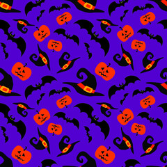 Halloween funny wizard hats, bats and pumpkins seamless pattern. Vector illustration.