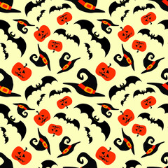 Halloween funny wizard hats, bats and pumpkins seamless pattern. Vector illustration.