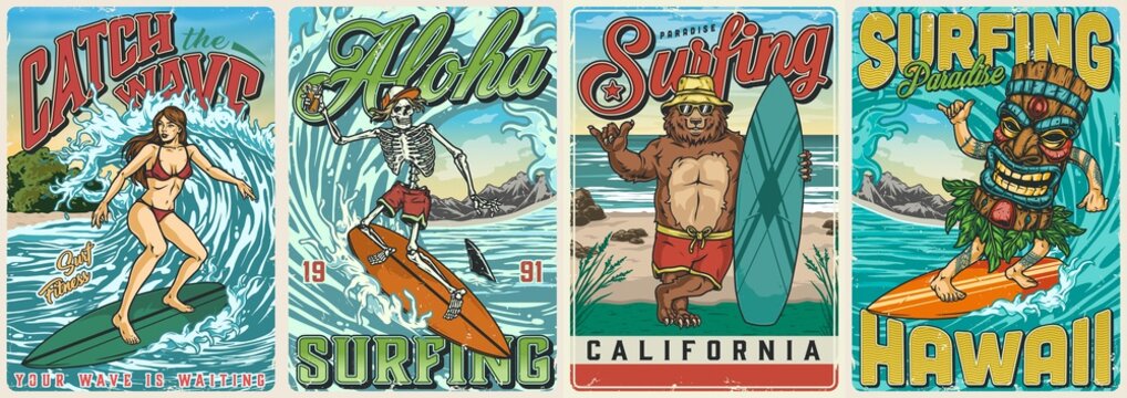 Hawaii surfing vintage colorful posters