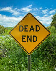 Yellow dead end sign against blue sky and greenery