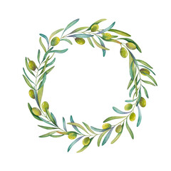 Watercolor square frame of olive branch, leaves. Illustration for greeting cards, printing and web purposes