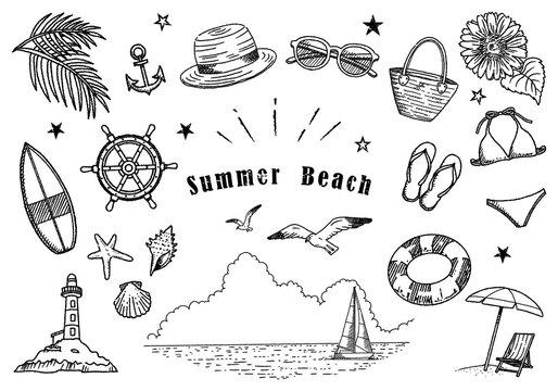 夏のビーチイラストセット　手描き線画　01