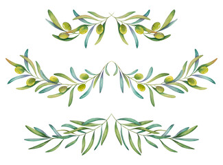 Green olive branches with leaves for decoration, vintage border