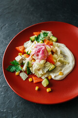 Delicious healthy diet vegetable salad with herbs and fresh farm vegetables. Seasonal salad, European food