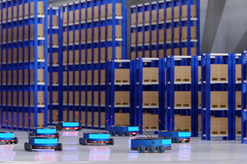 Concept industry 4.0 robotic Artificial Intelligence,Autonomous Robot of warehouse logistic,smart Automated delivery vehicle in modern storehouse shipping,with robot carrier carrying cardboard box