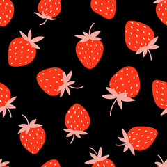 Seamless pattern with strawberry on black background. Hand drawn vector illustration. Texture for print, textile, packaging.
