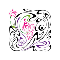 ornament 1722. decorative ornament with stylized pink flowers on the stems, with one butterfly and curls