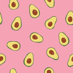 Seamless pattern with avocado on pink background. Hand drawn texture for textile, print, packaging.