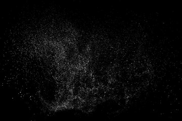 Distressed white grainy texture. Dust overlay textured. Grain noise particles. Snow effects pack. Rusted black background. Vector illustration, EPS 10. 