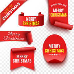 Set of red Christmas banners. Ribbons, tags and stickers. Paper scrolls. Vector illustration.