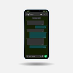 Layout of a phone with a mobile messenger on the screen, in a dark style. Modern design.