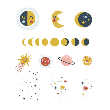 Celestial objects star moon phases crescent comet planet Milky Way vector clip art set. Cosmic starry design elements isolated on white. Childish Scandinavian abstract geometric space shape clip-art. 