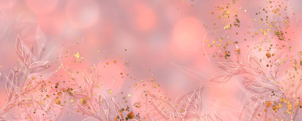 Aquarellzeichnung in zarten Rottönen mit Bokehhintergund - florale Elemente mit Goldpartikeln und Glanzeffekten für Hintergundgestaltung 