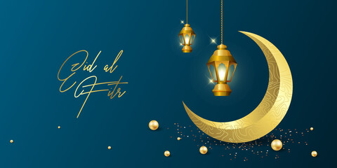 Naklejka premium Ramadan kareem greeting card design template for invitation, banner, poster with lamp, crescent, calligraphy. Realistic vector illustration eid al fitr (Feast of Breaking the Fast). Eid Mubarak