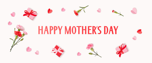 Happy Mothers day. Holiday design template with realistic pink carnation flowers, gift box and paper hearts on pink background. Spring banner. Vector stock illustration.