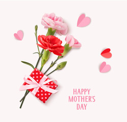 Happy Mothers day greeting text. Holiday design template with realistic pink carnation flowers, gift box and paper hearts on pink background. Vector stock illustration. - 429803987