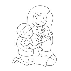 Loving tender mother with two cute happy children, teenage boy and little girl, hugging each other, only lines with no colours, isolated on white background, editable strokes, vector illustration