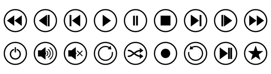 Play, stop and pause buttons. Set of black audio buttons. Vector illustration.