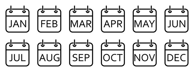 Every month of a year calendar icons. Set of black calendar icons. Vector illustration. - obrazy, fototapety, plakaty